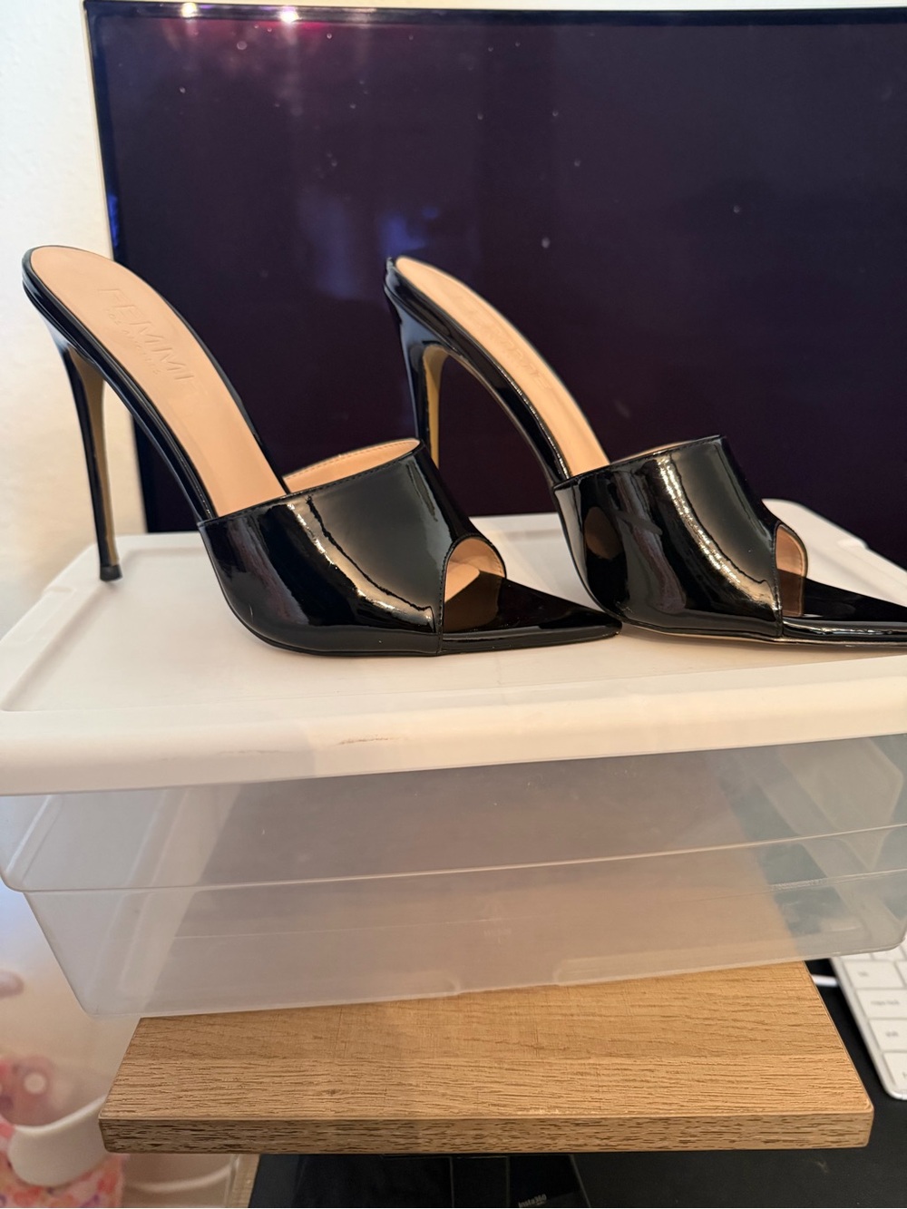 Women’s Black Patent Open-Toe Stiletto Mules